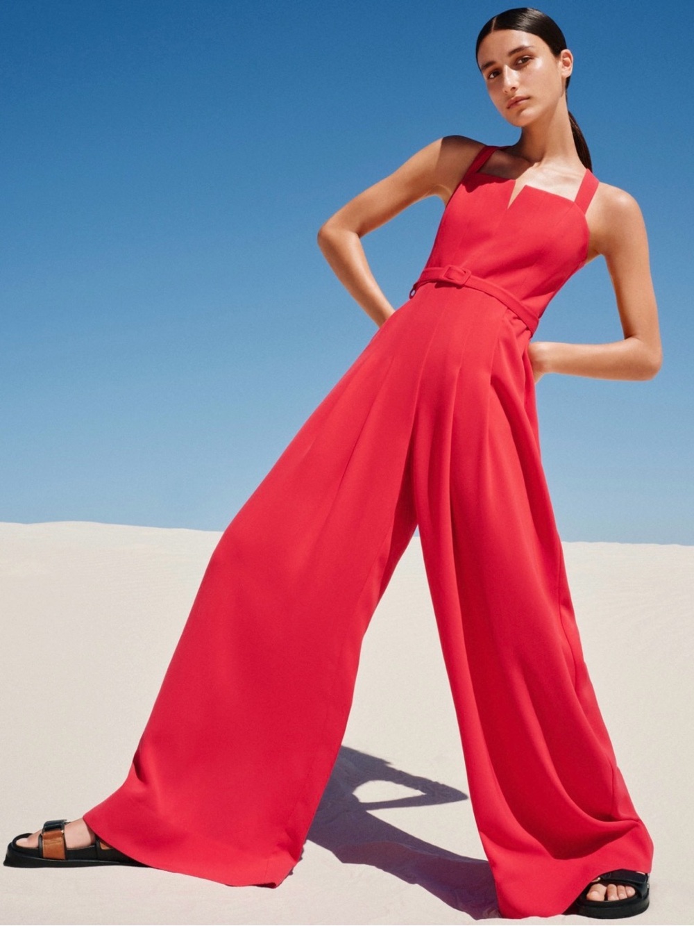 ME+EM 2 Red Jumpsuit Wide Leg + Belt Adjustable Straps Pantsuit EUC